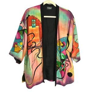 Dilemma Raw Silk Kimono Jacket L Hand Painted Abstract Picasso Art to Wear